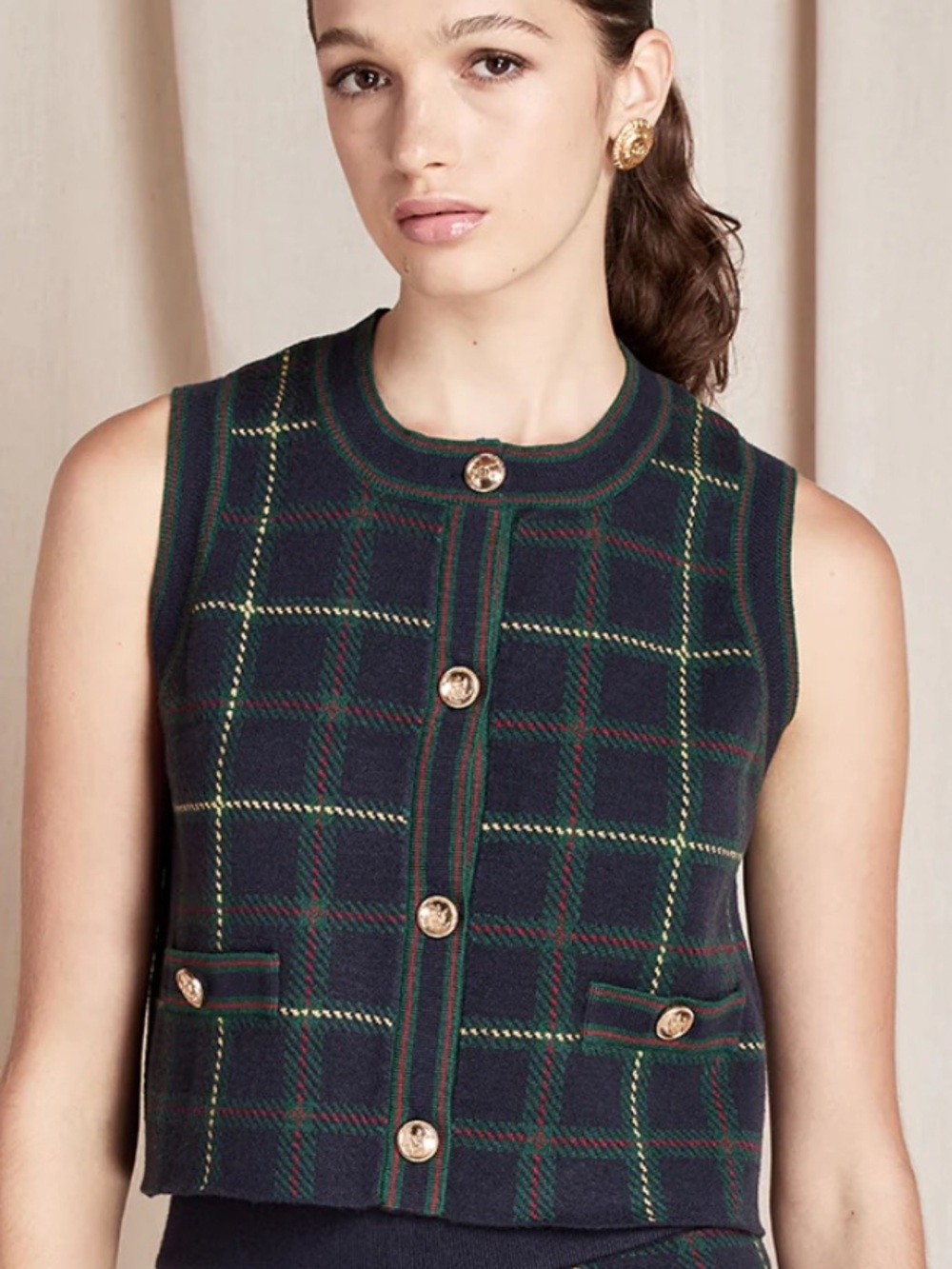 Vintage Sag Harbor Navy Green Plaid Knit Crest Button Vest